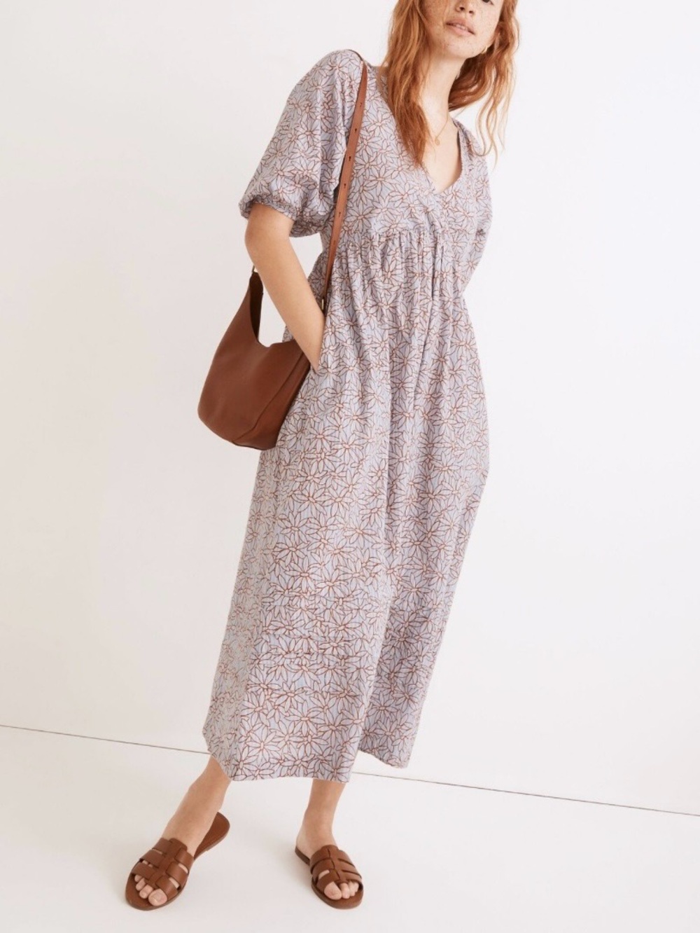 Petite Marianna puff sleeve Midi Dress in Dream- on Daisies Gray 100% cotton